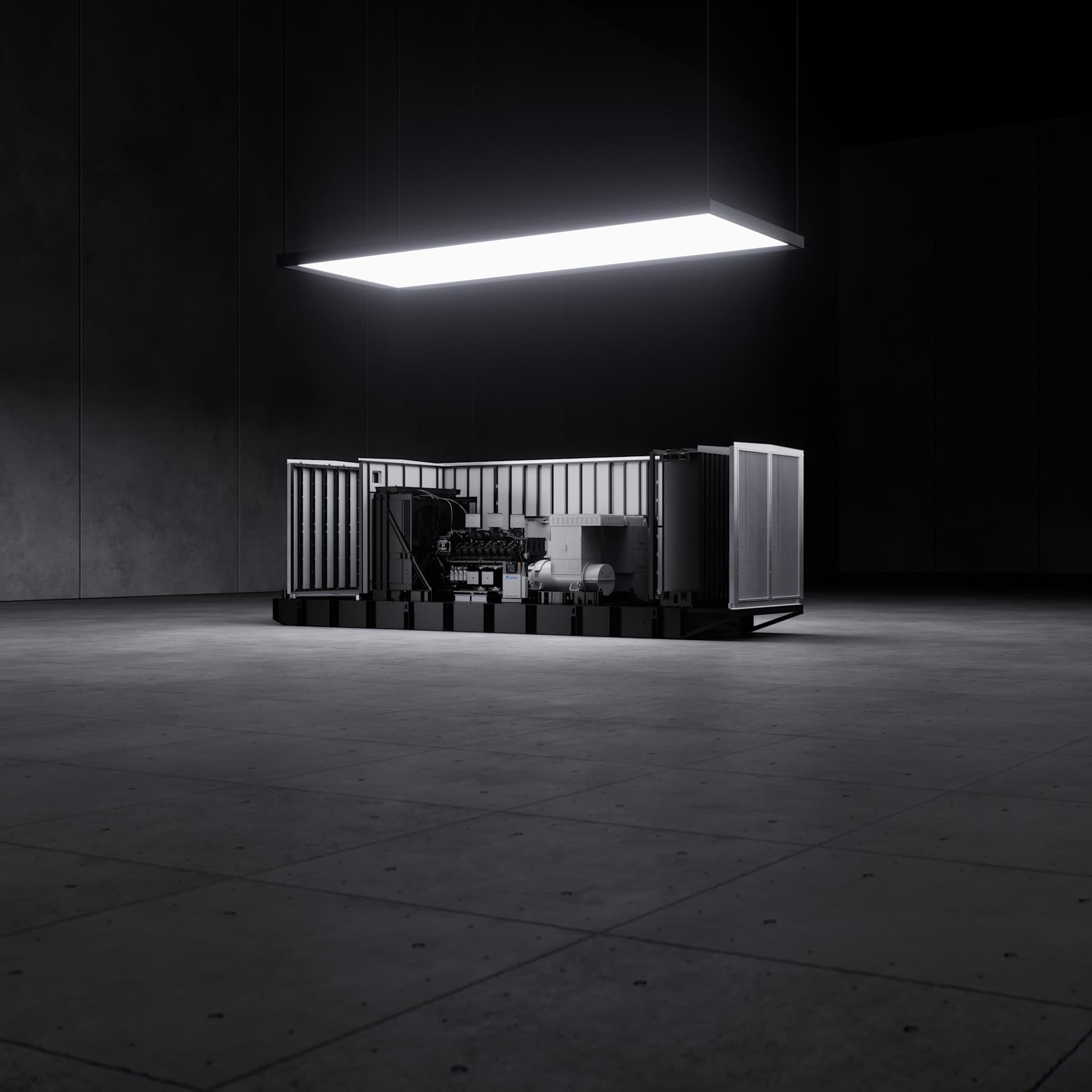 Power Systems - Open enclosure with generator inside; light over; dark room; Data Centers E2E - 1 x 1