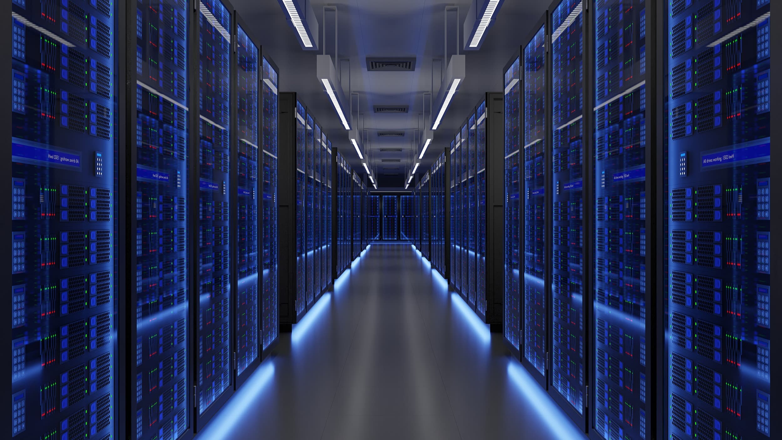 Modern data center with rows of server racks, advanced cooling, reliable power backup, and secure infrastructure for cloud computing and data storage.